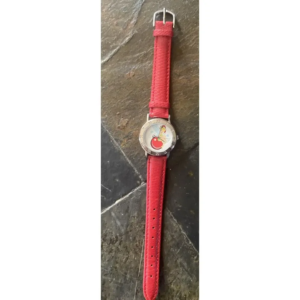 Christmas Theme Dial Silver Red Genuine Leather Band Watch Working New Battery - Picture 1 of 5